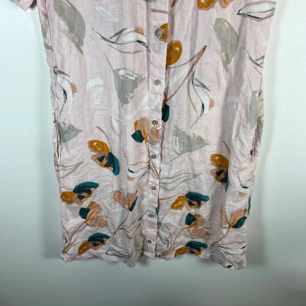 Rachel Zoe Linen Floral Shirt Dress Pink Mustard‎ Short Sleeve Button Front XS